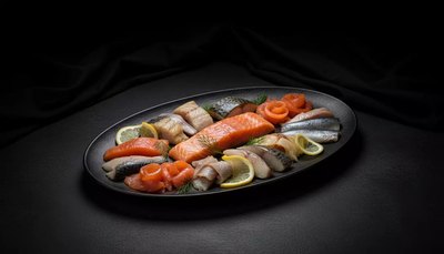 Fischplatte mit pochiertem Lachs, geräucherte Fischsorten und Zitrone