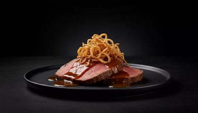 Rinderbraten in Bratensauce mit gebratenen Zwiebeln