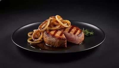 Schweinenackensteaks mit Jus und Gegrillte Zwiebeln