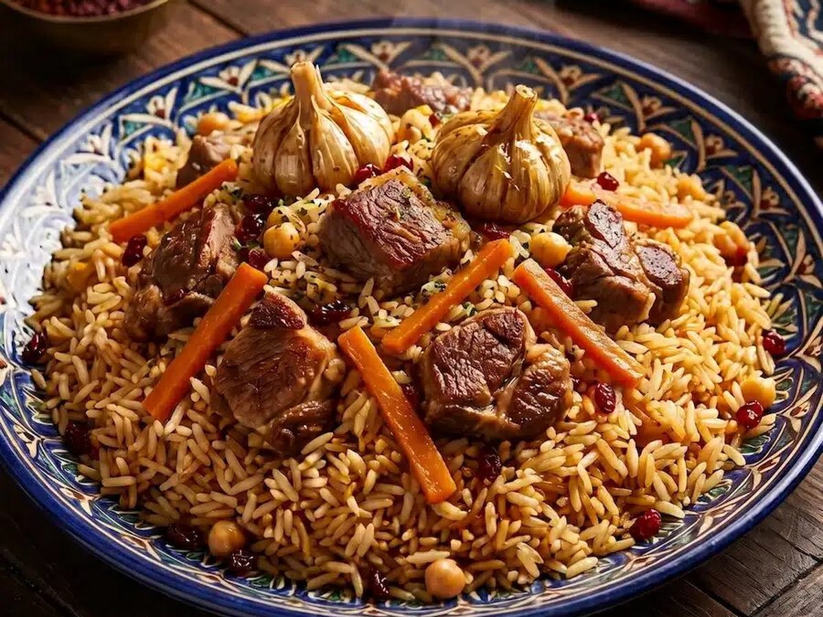 Usbekischen Plow online kaufen bei Catering Service Grillborzer Usbekischer Plow mit zartem Halal-Rindfleisch, Kichererbsen, Karotten und Knoblauch auf traditionellem Teller